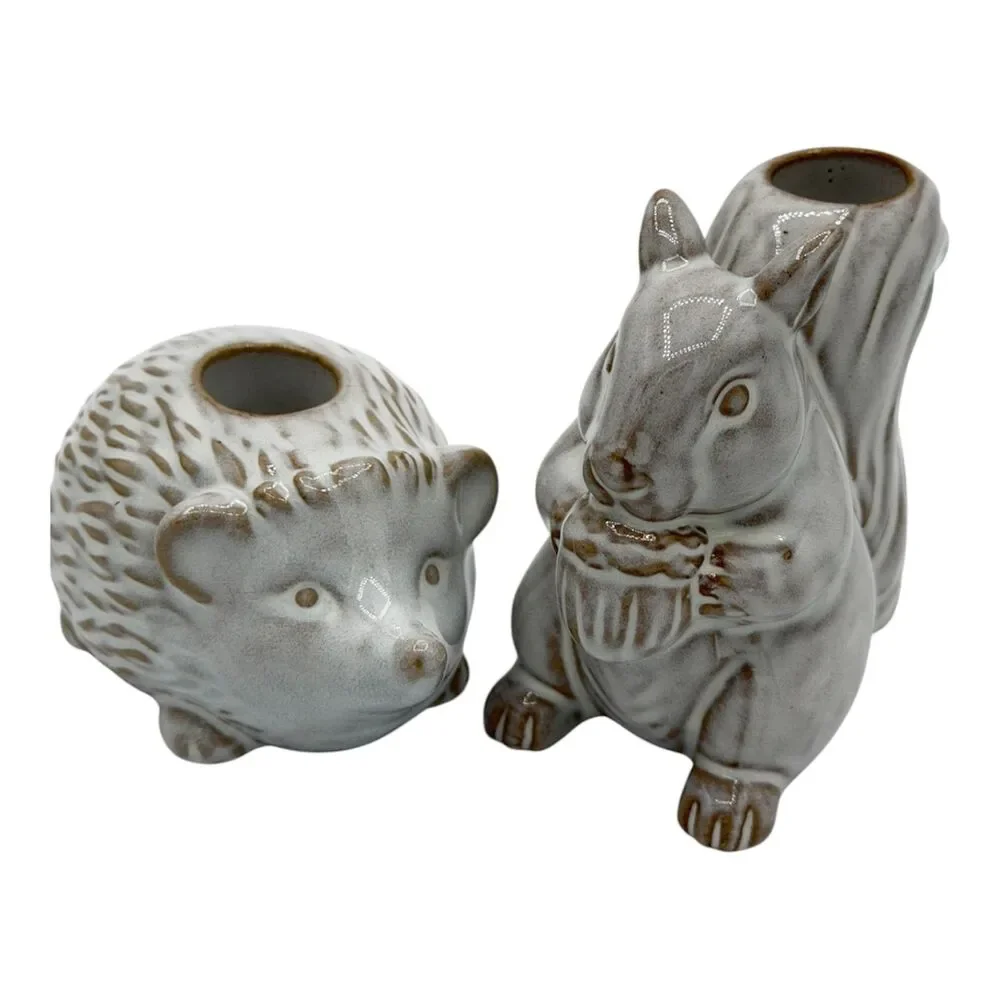 Hedgehog and squirrel taper candle holder ceramic distressed farmhouse Fall home